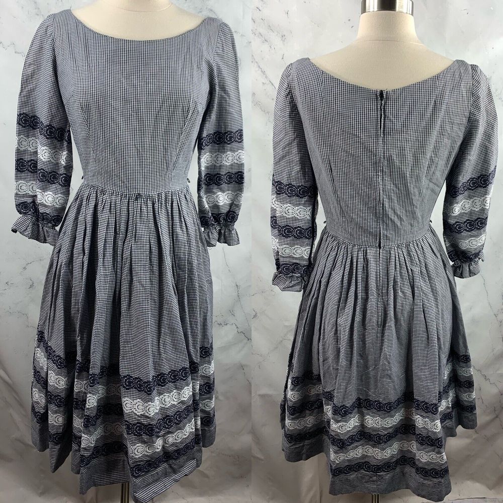 Vintage 1960's Gay Gibson gingham Dress sz M black & White prairie embroidered